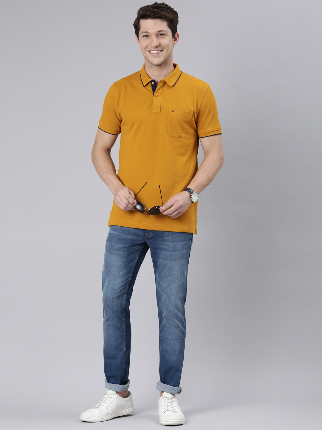 Classic Polo Men's Half Sleeve Golden Yellow Polo Neck Slim Fit Solid T-Shirt | ECM-NOVA - G.YELLOW SF P