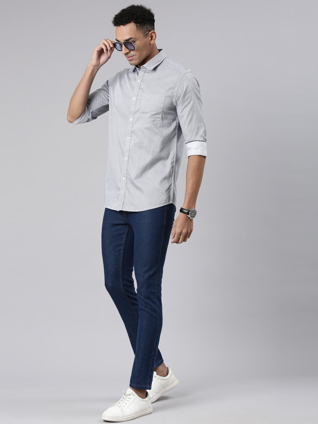 Classic Polo Men's Full Sleeve Grey Polo Neck Cotton Slim Fit Casual Shirt | SP2-144-PRT-SF FS