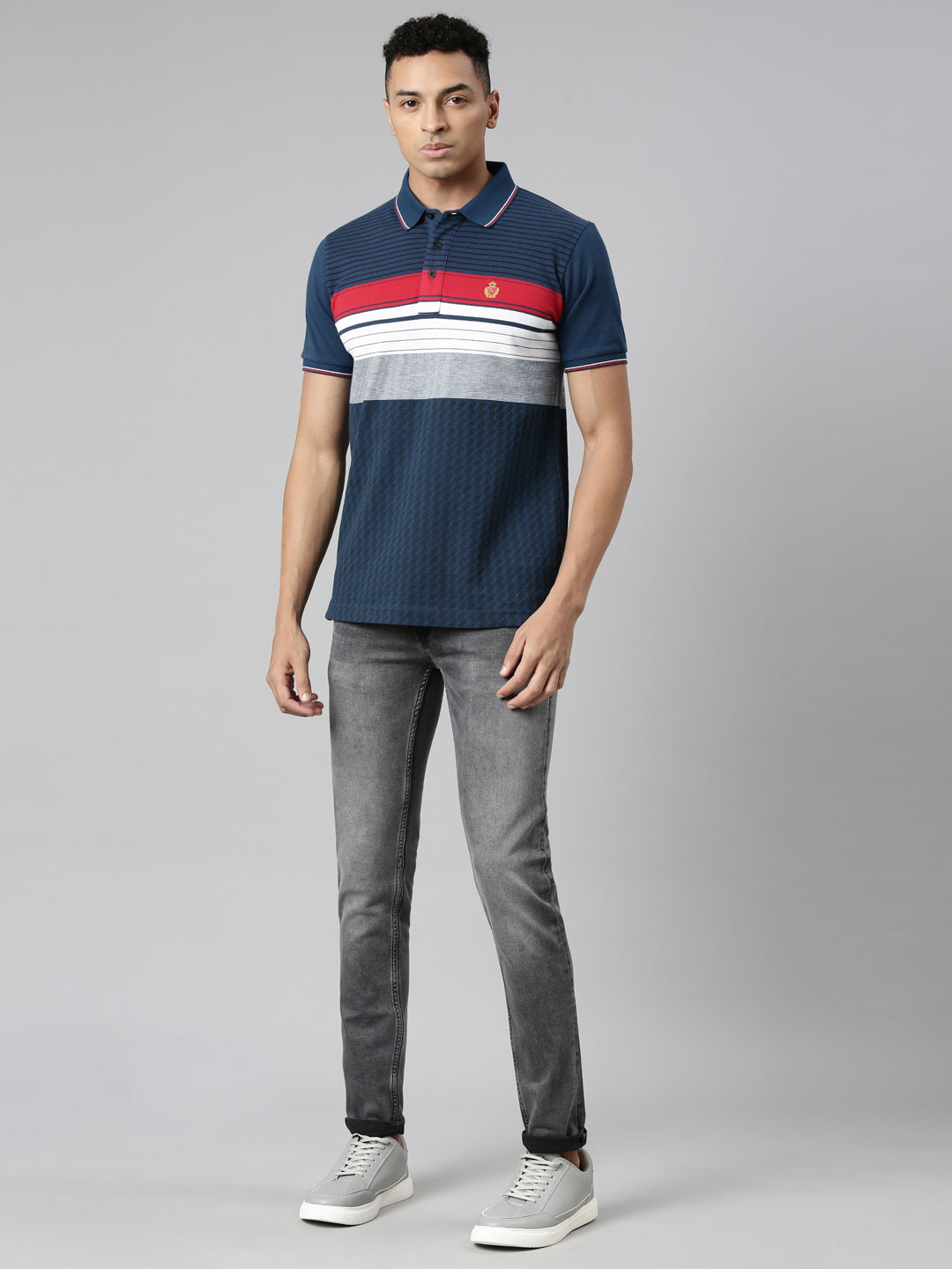 Classic Polo Men's Polo Neck Cotton White/Navy Slim Fit Striped T-Shirt | VTA-276 A SF P