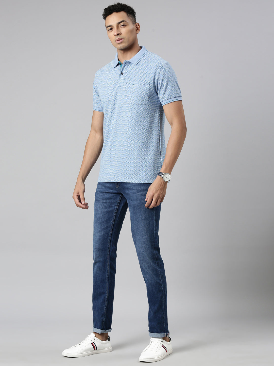 Classic Polo Men's Polo Neck Cotton Blue Slim Fit Printed T-Shirt | BEAU-244 A SF P