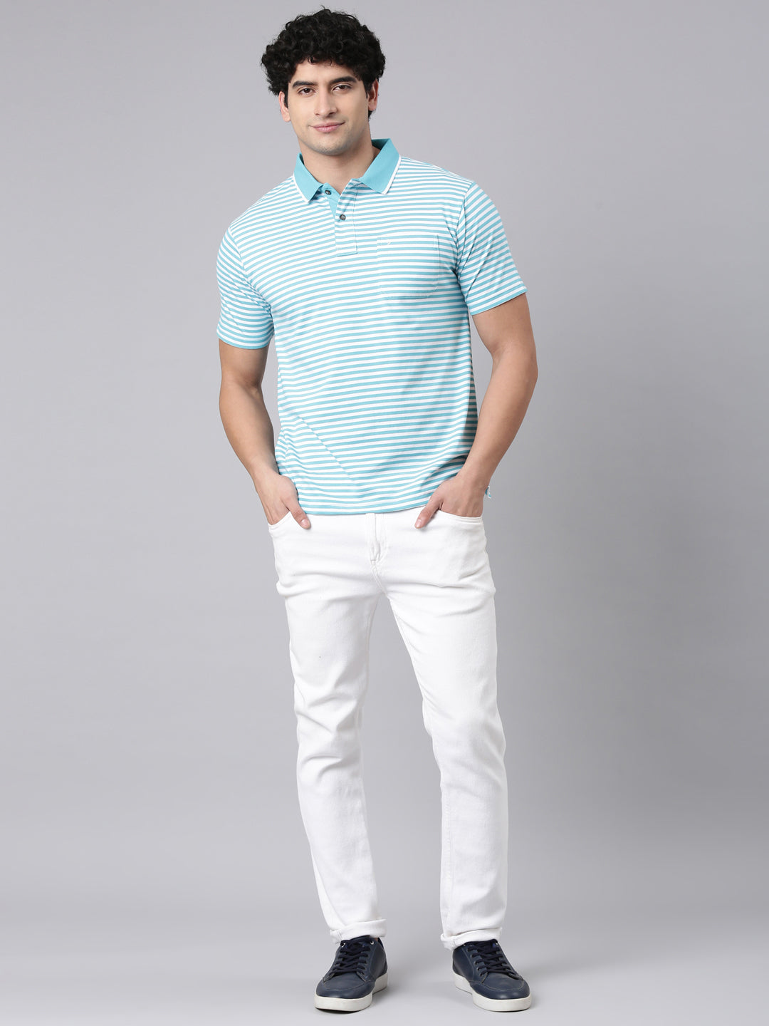Classic Polo Men's Half Sleeve Blue/White Polo Neck Authentic Fit Striped Cotton Blend T-Shirt | FEEDERS - 304 A AF P