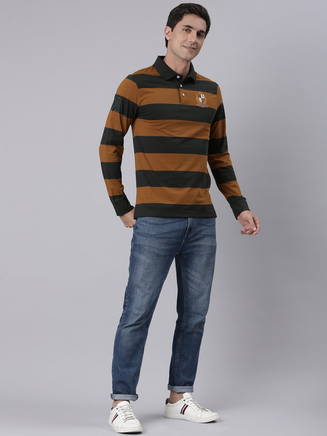 Classic Polo Men's Full Sleeve Brown/Black Polo Neck Slim Fit Colorblock Cotton T-Shirt | LTS-FSH - 126 A SF P