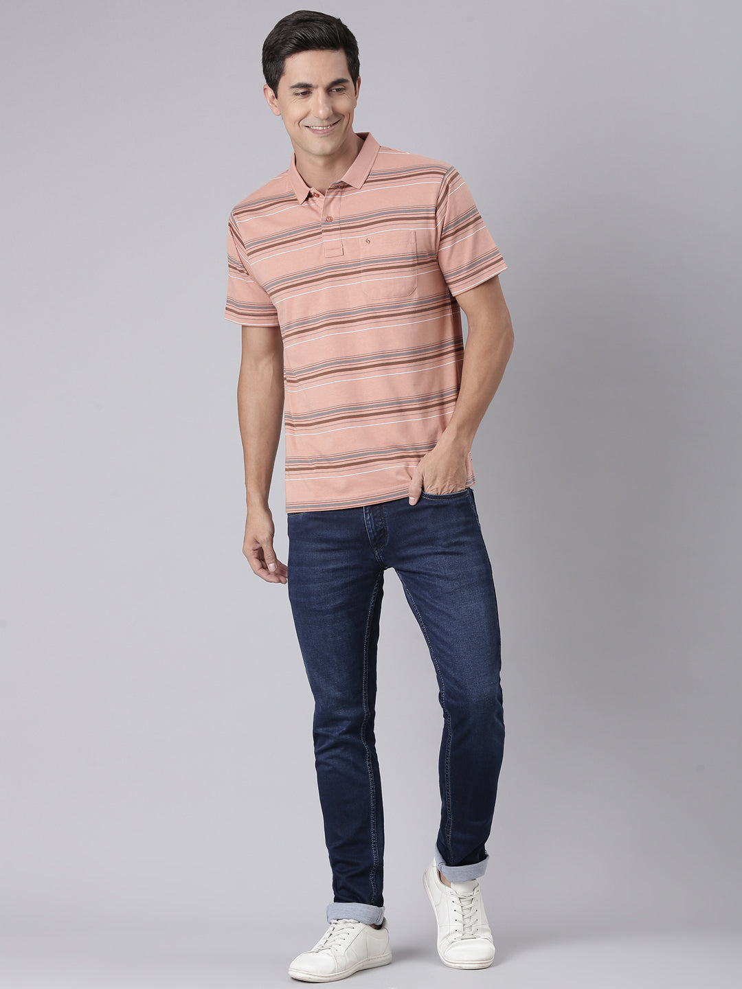 Classic Polo Men's Half Sleeve Dark Orange Polo Neck Authentic Fit Striped Cotton Blend T-Shirt | AVON - 626 B AF P