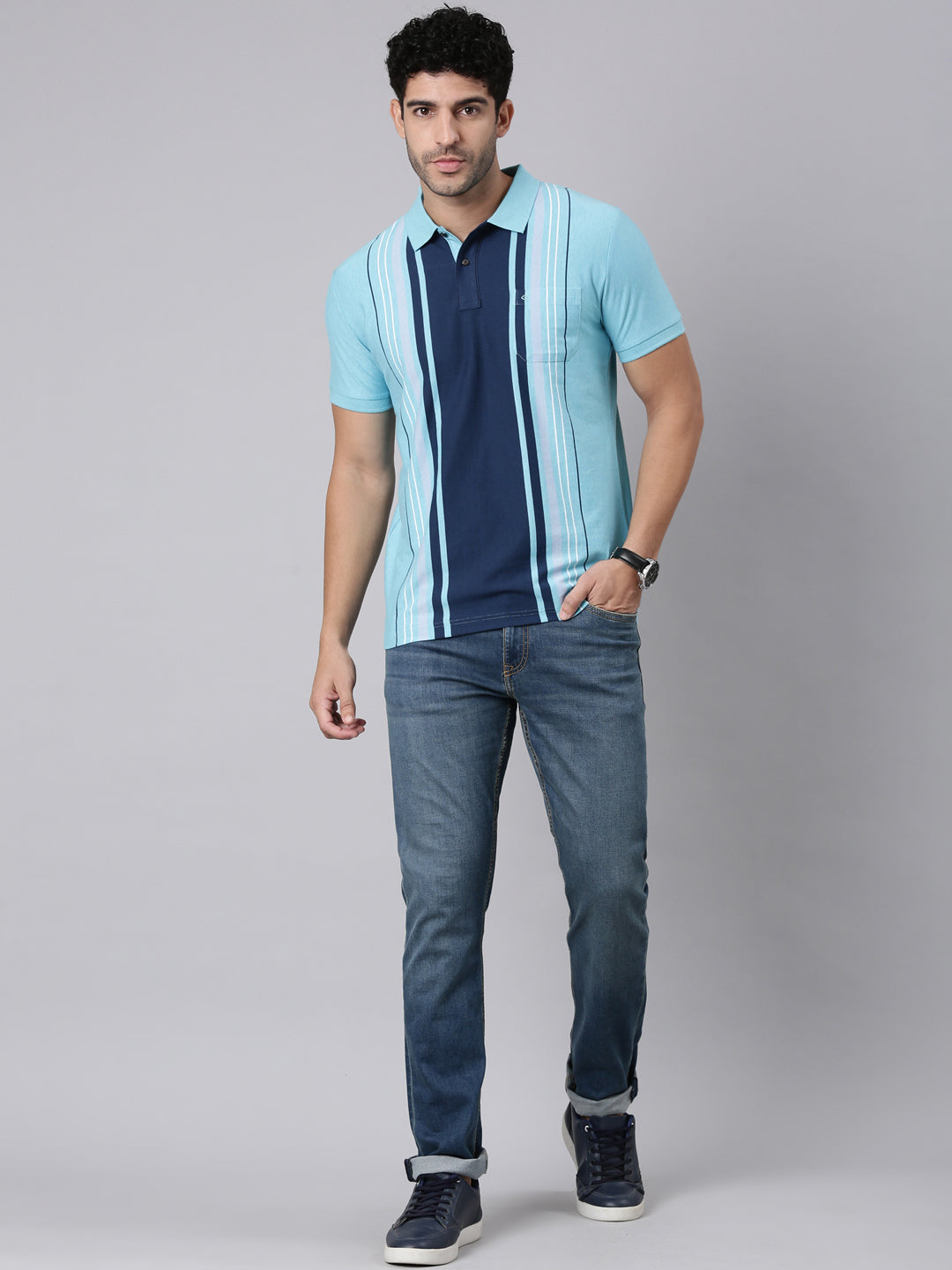 Classic Polo Men's Half Sleeve Turquoise/Navy Blue Polo Neck Slim Fit Striped Cotton Blend T-Shirt | VERTICS - 124 B SF P