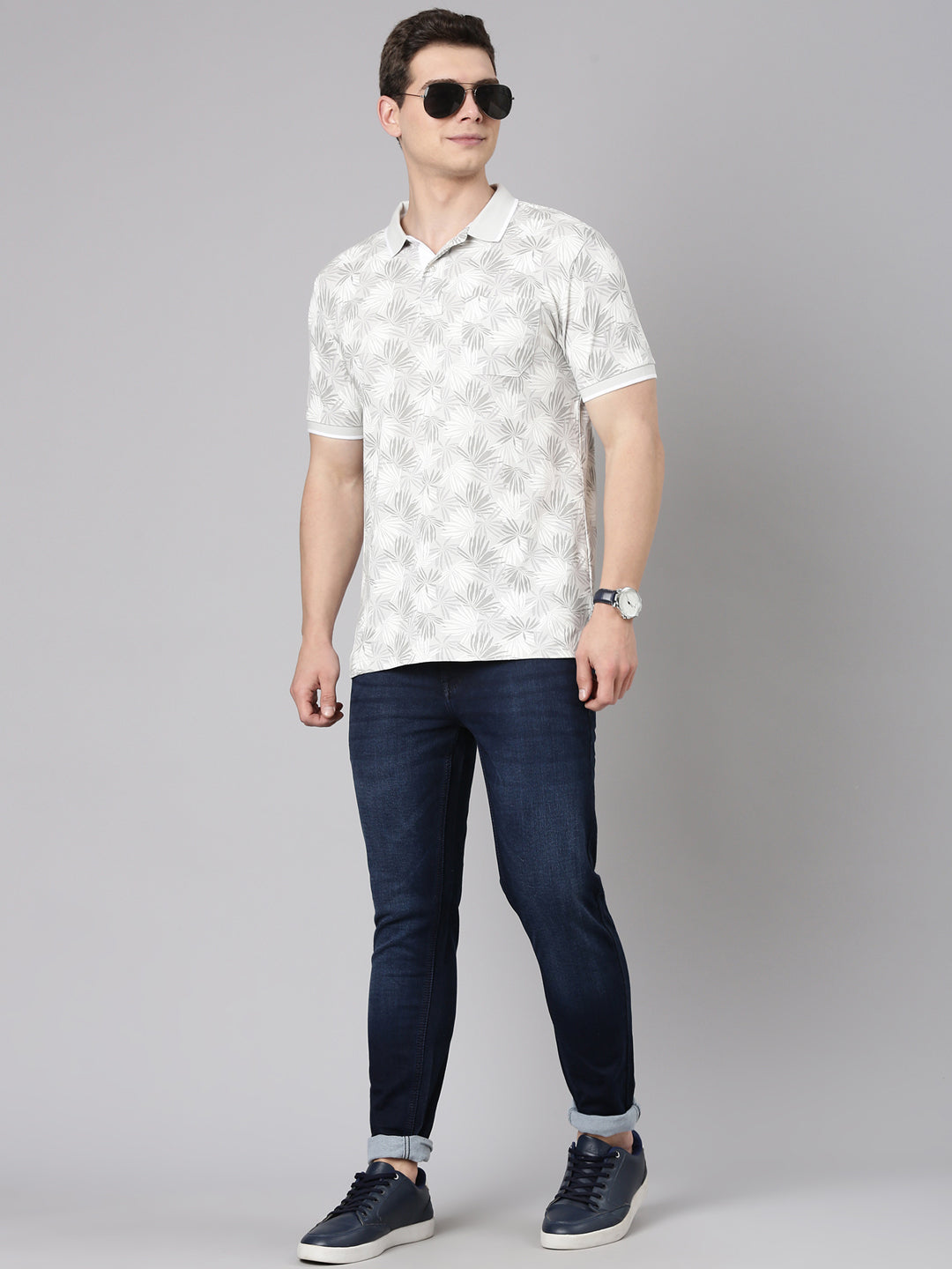 Classic Polo Men's Half Sleeve Grey/White Polo Neck Slim Fit All Over Print Cotton T-Shirt | BEAU - 284 A SF P