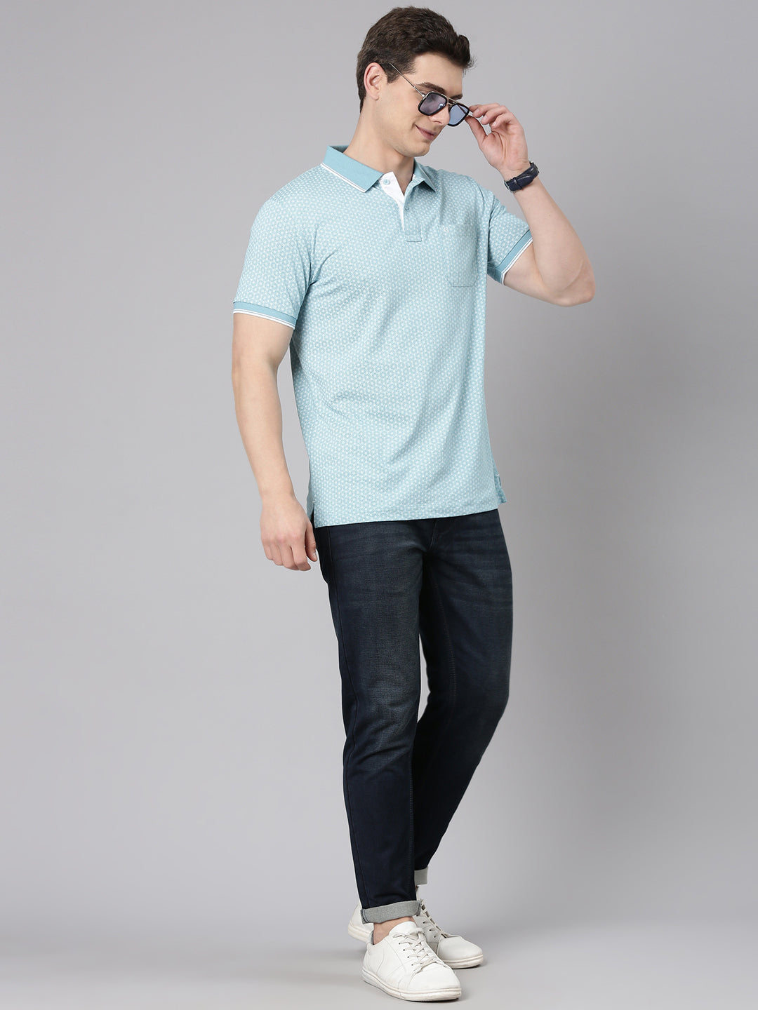 Classic Polo Men's Half Sleeve Blue/White Polo Neck Slim Fit All Over Print Cotton T-Shirt | BELLO - 343 B SF P