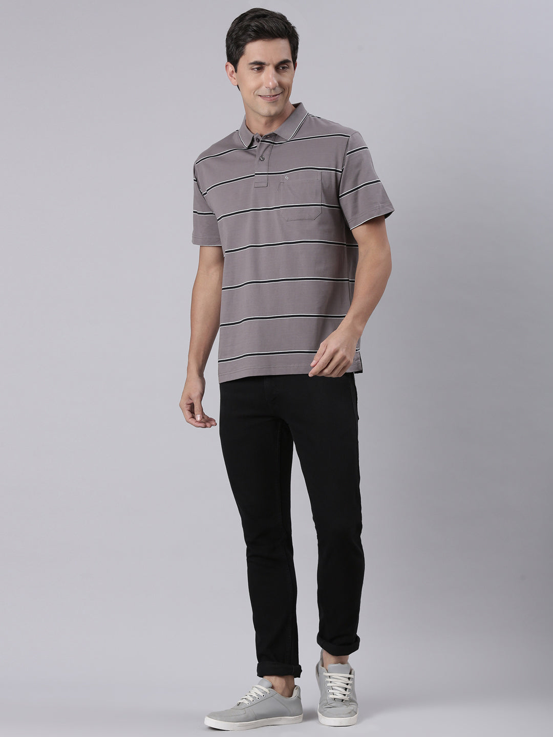 Classic Polo Men's Half Sleeve Steel Grey Polo Neck Authentic Fit Striped Cotton T-Shirt | AP - 145 B AF P
