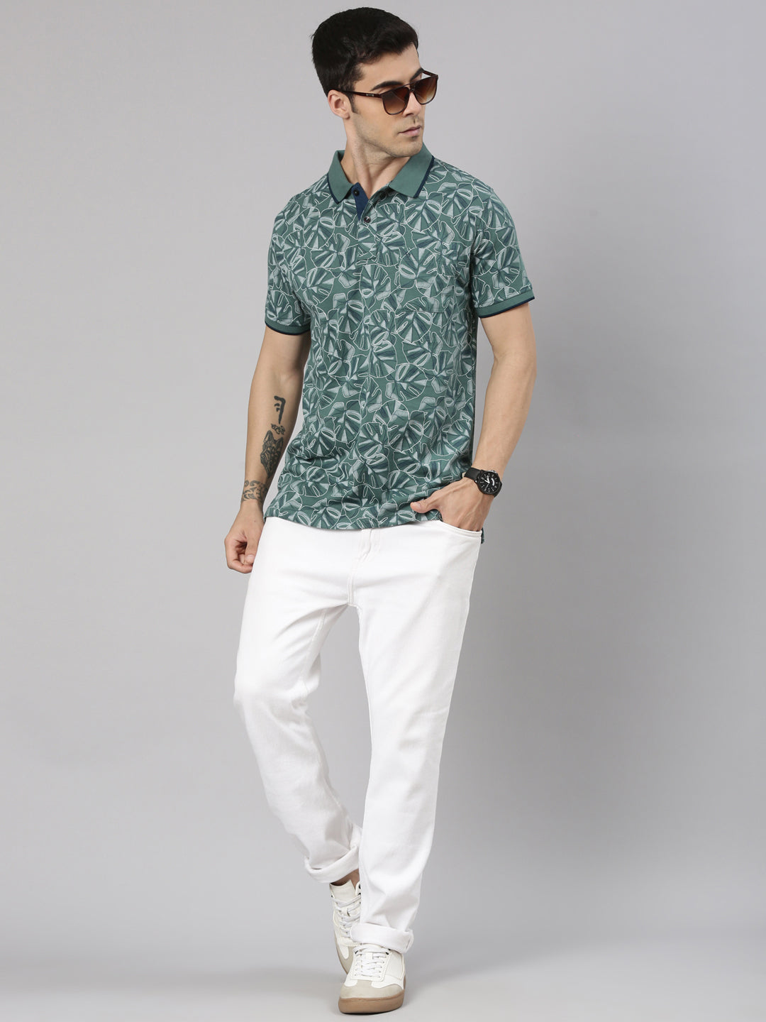 Classic Polo Men's Half Sleeve Dark Green Polo Neck Slim Fit All-Over Print Cotton T-Shirt | BELLO - 363 B SF P