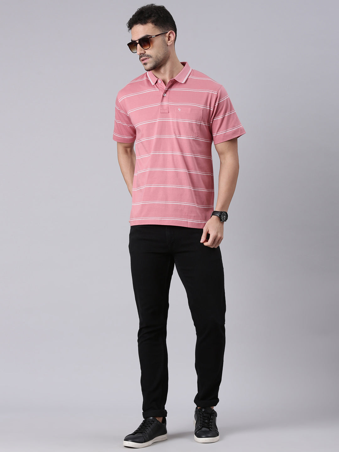 Classic Polo Men's Half Sleeve Peach/White Polo Neck Authentic Fit Striped Cotton T-Shirt | AP - 113 A AF P