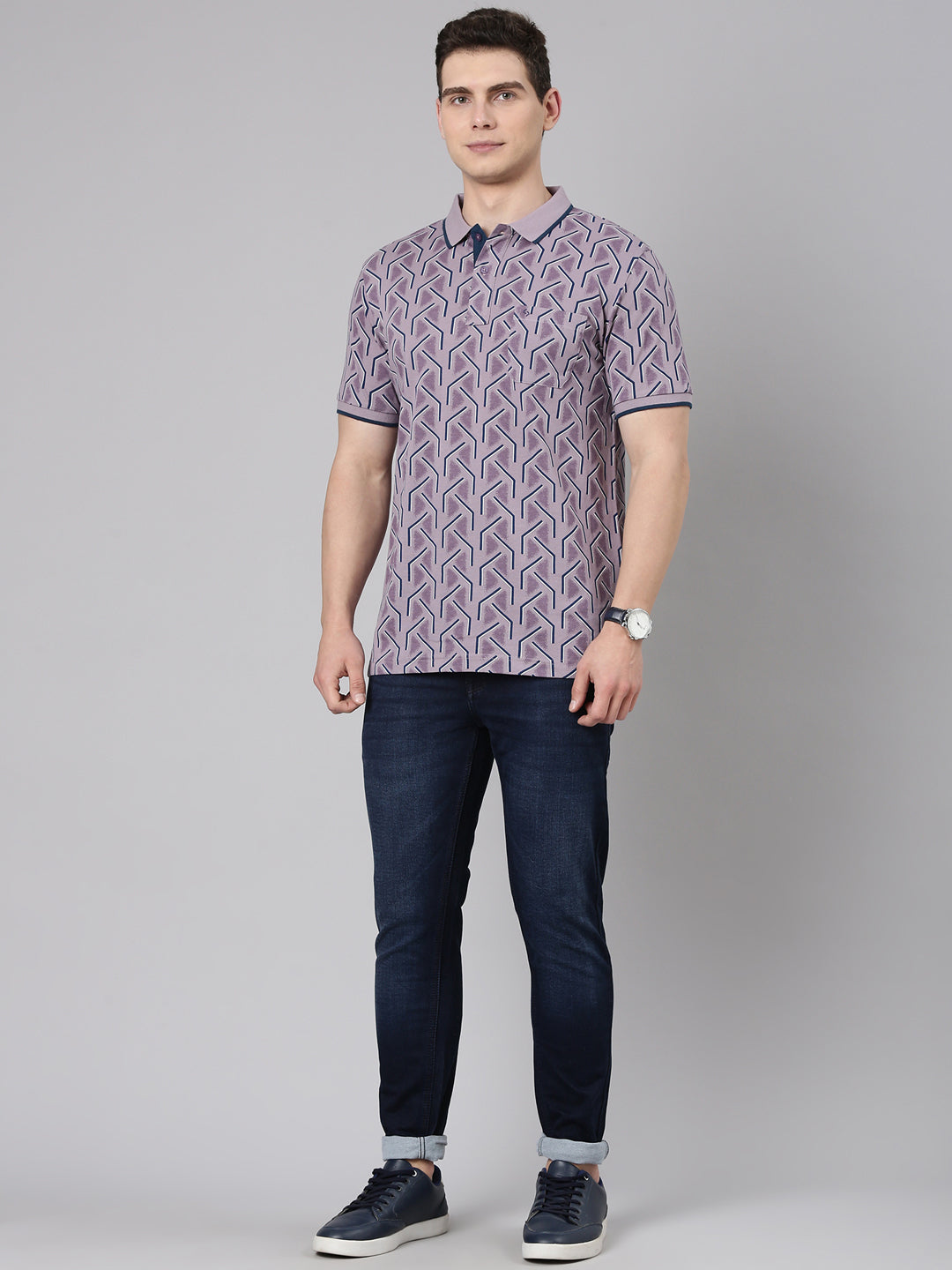 Classic Polo Men's Half Sleeve Purple Polo Neck Slim Fit All Over Print Cotton T-Shirt | BEAU - 285 B SF P