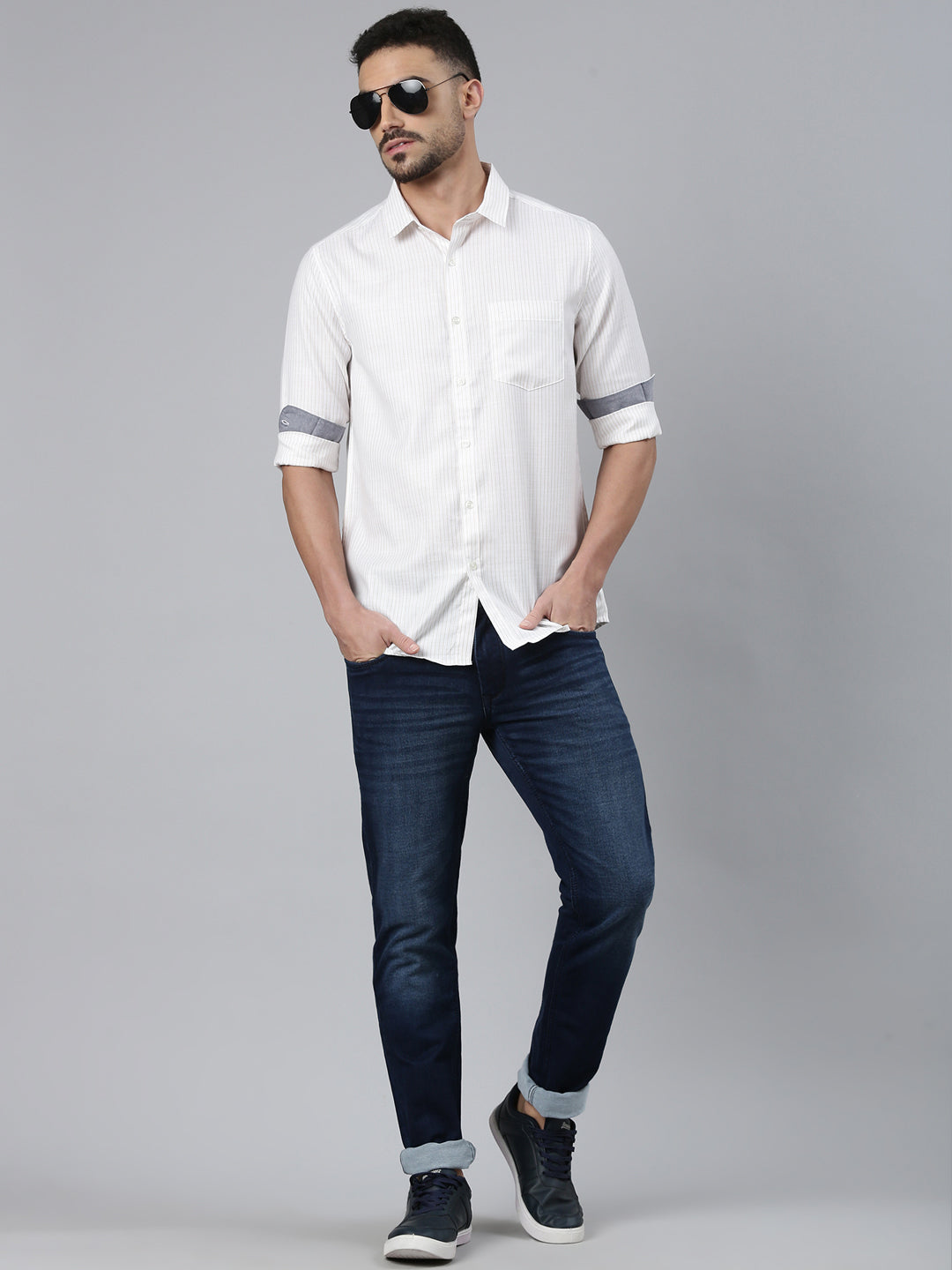 Classic Polo Men's Full Sleeve White/Grey Polo Neck Slim Fit Striped Cotton Casual Shirt | SQ2-CL-31 C-FS-STR-SF