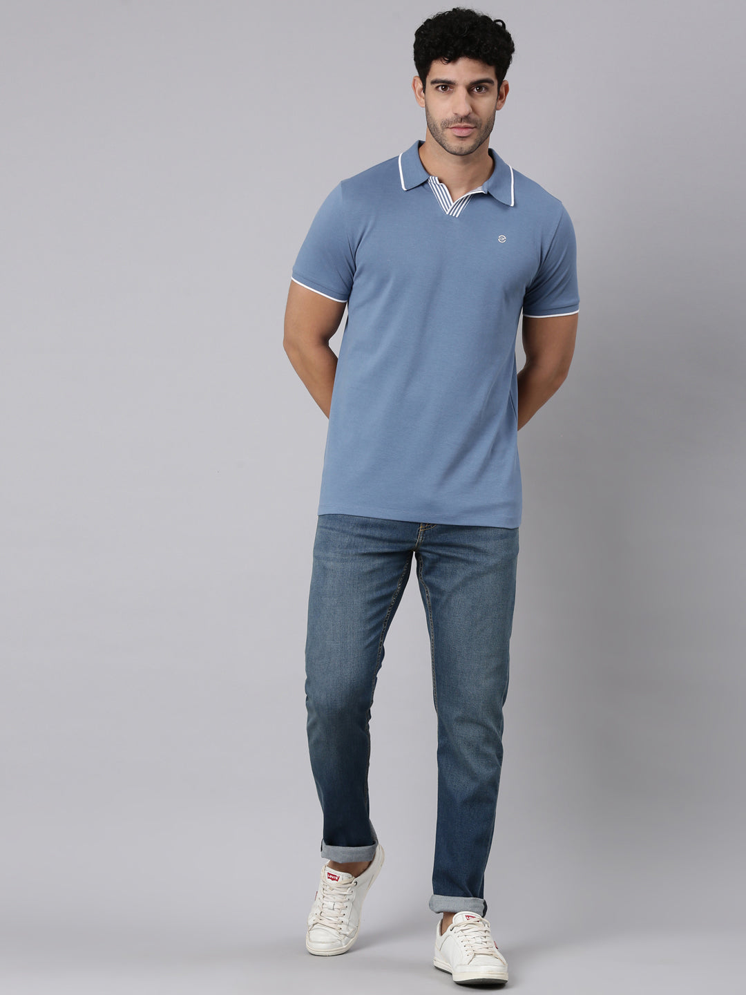 Classic Polo Men's Half Sleeve Steel Blue Polo Neck Slim Fit Solid Cotton Blend T-Shirt | RAVE POLO - 01 A SF P