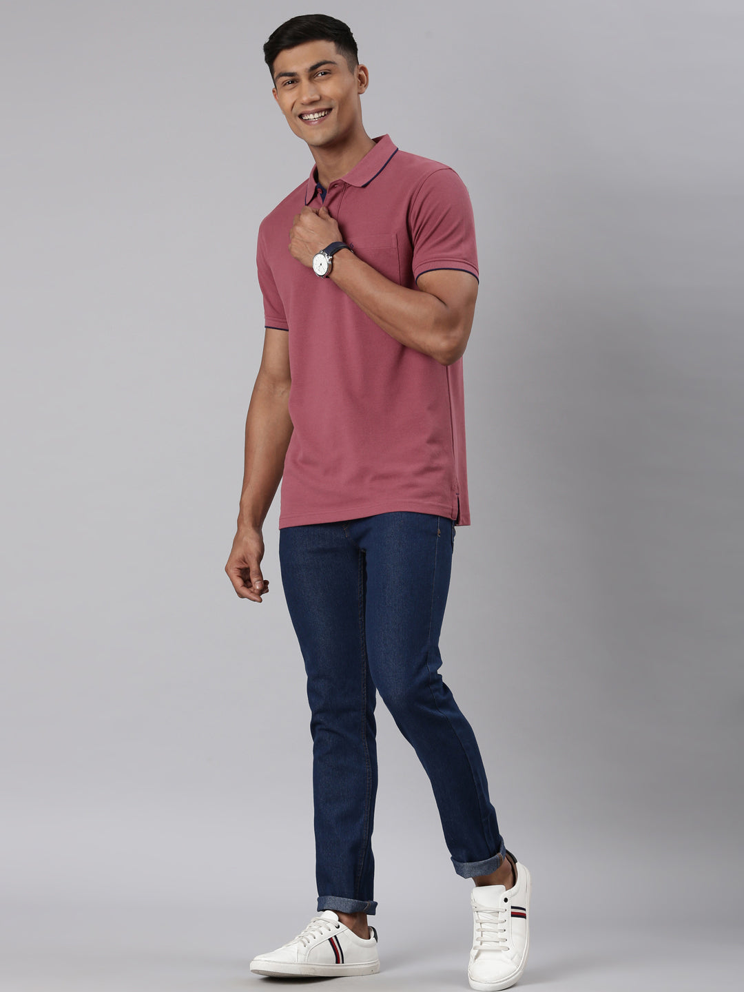 Classic Polo Men's Half Sleeve Dark Pink Polo Neck Slim Fit Solid T-Shirt | ECM-NOVA-MAUVEWOOD SF P