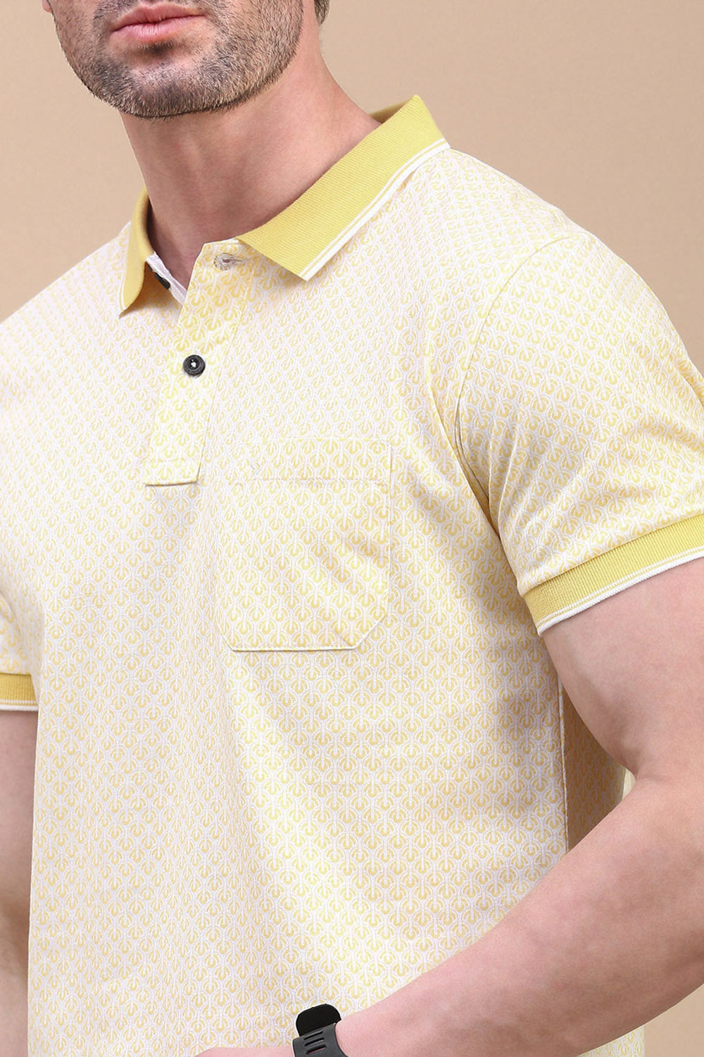 Classic Polo Men's Half Sleeve Yellow Polo Neck Slim Fit All Over Print T-Shirt | BELLO - 312 B SF P