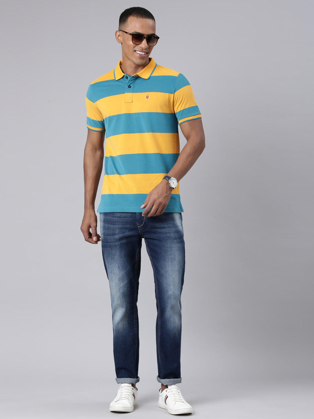 Classic Polo Mens Striped Yellow/Blue Polo Neck Slim Fit T-Shirt | CPEG - 324 A SF P