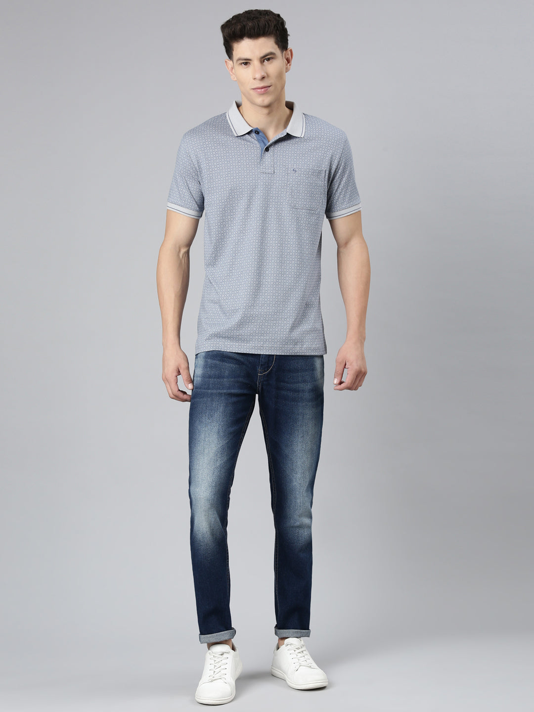 Classic Polo Mens Aop Blue/Grey Polo Neck Slim Fit T-Shirt | BELLO - 264 A SF P