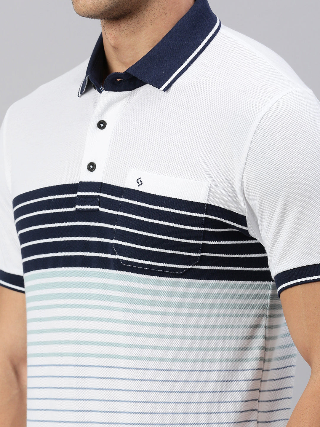 Classic Polo Men's Half Sleeve White/Navy Polo Neck Slim Fit Striped T-Shirt | VTA - 284 A SF P