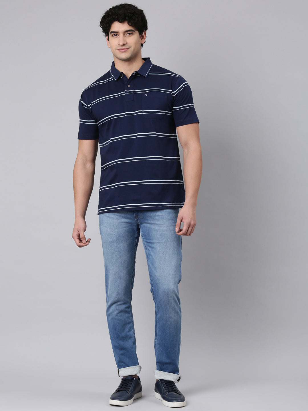 Classic Polo Men's Half Sleeve Navy Blue/White Polo Neck Authentic Fit Striped Cotton T-Shirt | AP - 160 A AF P
