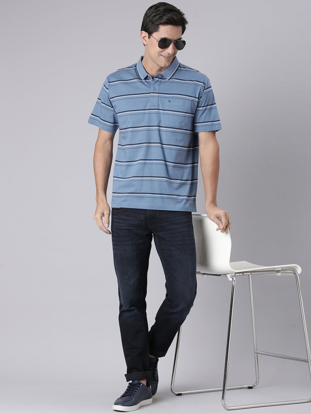 Classic Polo Men's Half Sleeve Blue Polo Neck Authentic Fit Striped Cotton T-Shirt | AP - 141 B AF P
