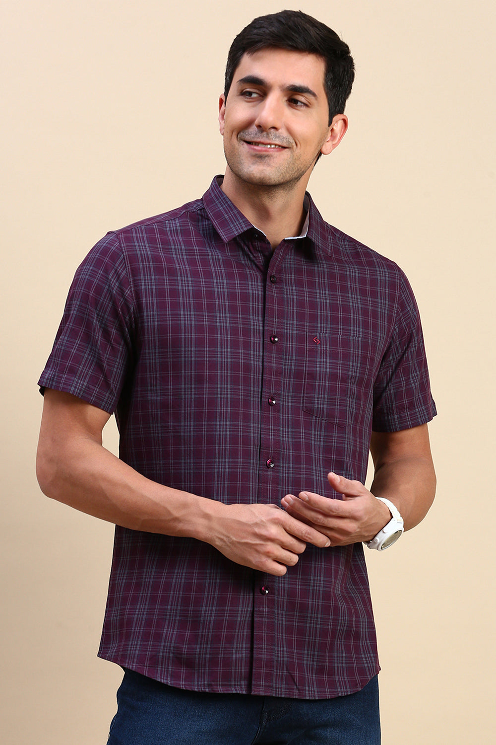 Classic Polo Men's Half Sleeve Maroon Polo Neck Slim Fit Checked Shirt | SP2-CL-78 B-HS-CHK-SF