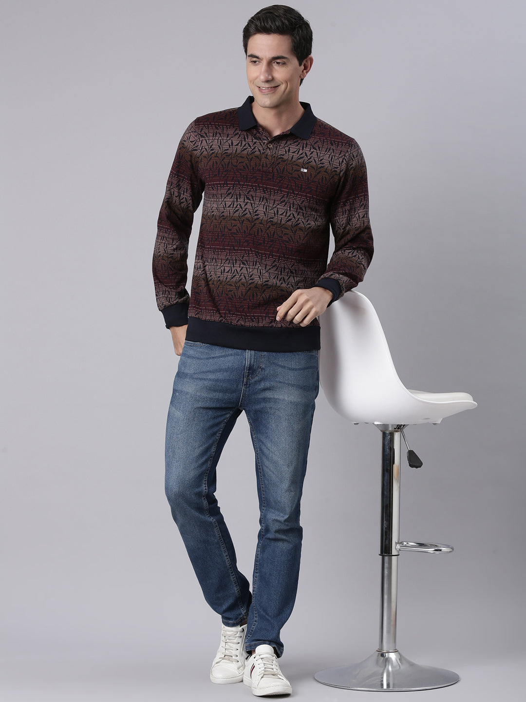 Classic Polo Men's Full Sleeve Multicolor Polo Neck Slim Fit All-Over Print Cotton T-Shirt | VERNO - 366 A SF P