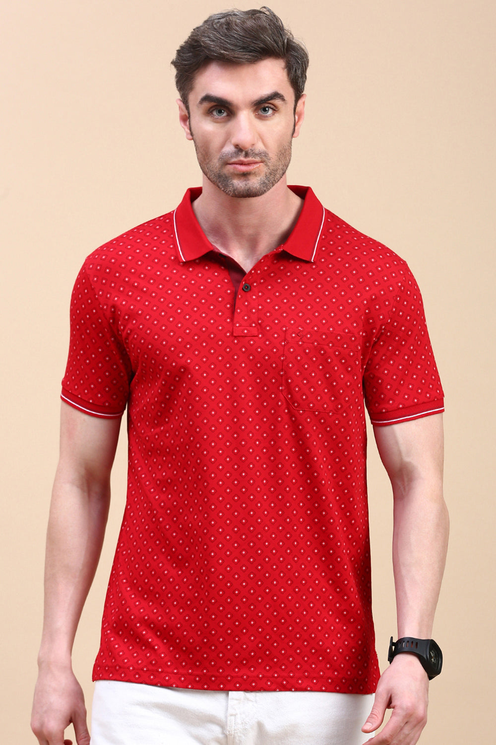 Classic Polo Men's Half Sleeve Red Polo Neck Slim Fit All Over Print T-Shirt | BELLO - 321 A SF P