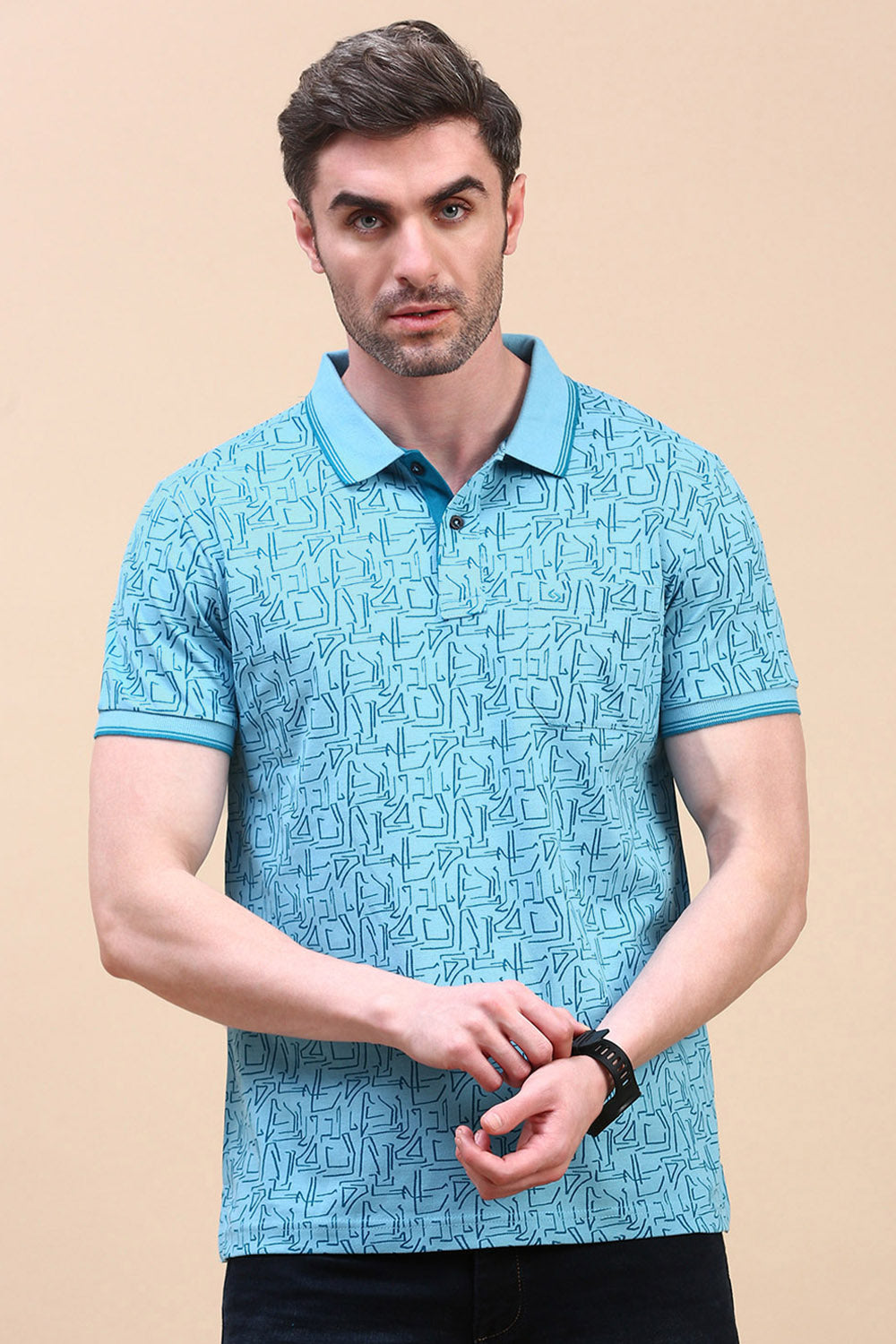 Classic Polo Men's Half Sleeve Blue Polo Neck Slim Fit All Over Print T-Shirt | BEAU - 277 A SF P