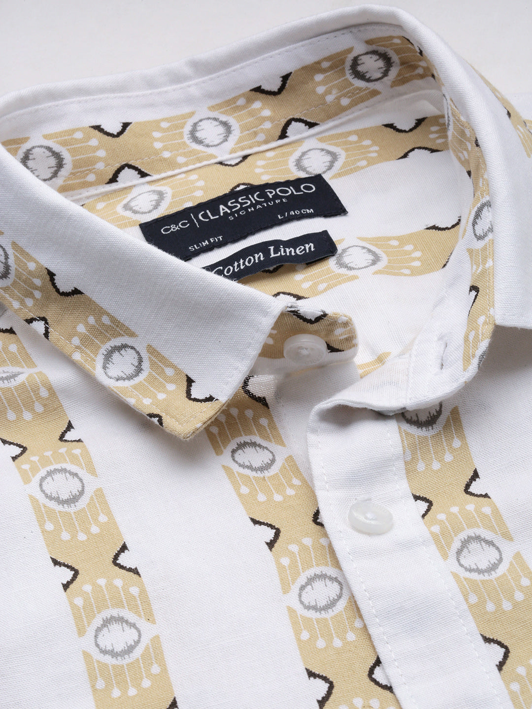Classic Polo Men's Polo Neck Cotton Linen White/Yellow Slim Fit Striped Shirt | LINEN-37A-FS-PRT-SF