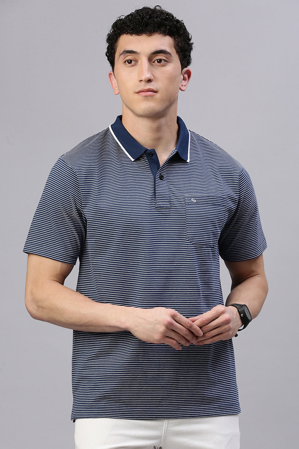 Classic Polo Men's Half Sleeve Navy/White Polo Neck Authentic Fit Striped T-Shirt | FEEDERS - 271 A AF P