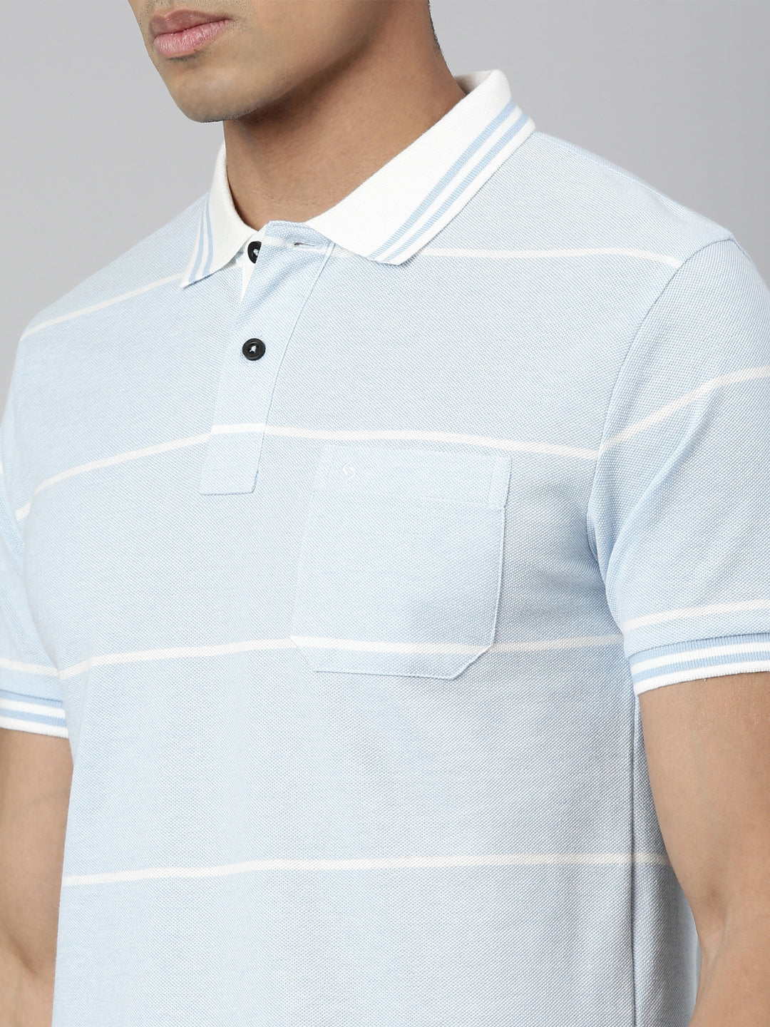 Classic Polo Men's Polo Neck Cotton Sky Blue Slim Fit Striped T-Shirt | ADORE-216 B SF P