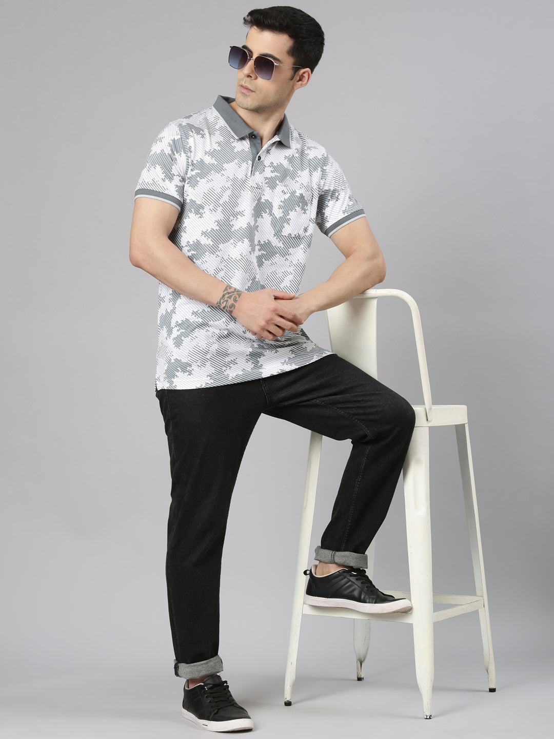 Classic Polo Men's Half Sleeve Grey/White Polo Neck Slim Fit All-Over Print Cotton T-Shirt | BELLO - 365 A SF P
