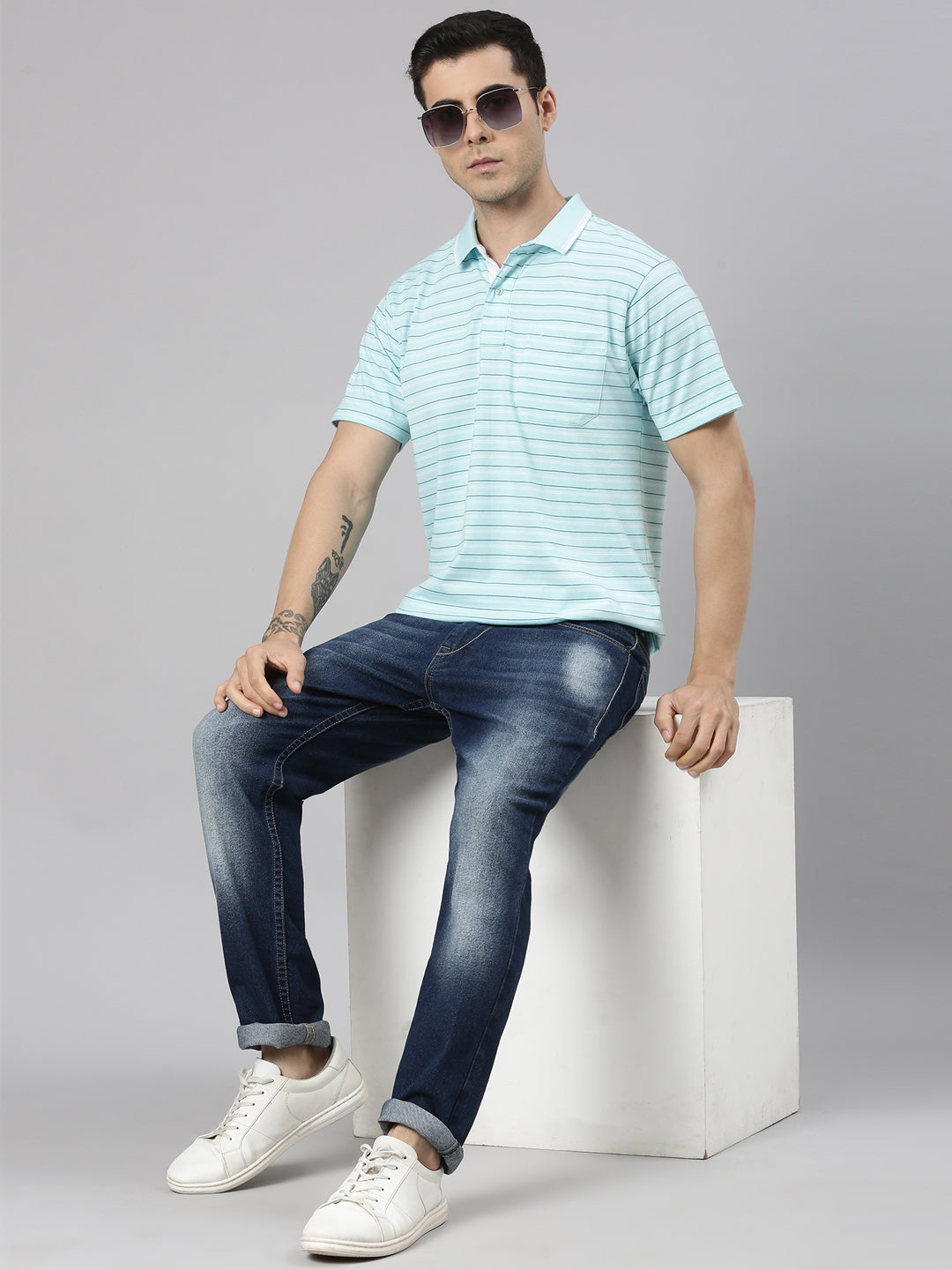 Classic Polo Men's Half Sleeve Light Green/White Polo Neck Authentic Fit Striped Cotton T-Shirt | FEEDERS - 292 A AF P
