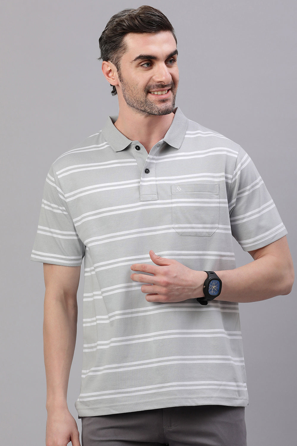 Classic Polo Men's Half Sleeve Grey/White Polo Neck Authentic Fit Striped T-Shirt | AVON - 603 A AF P