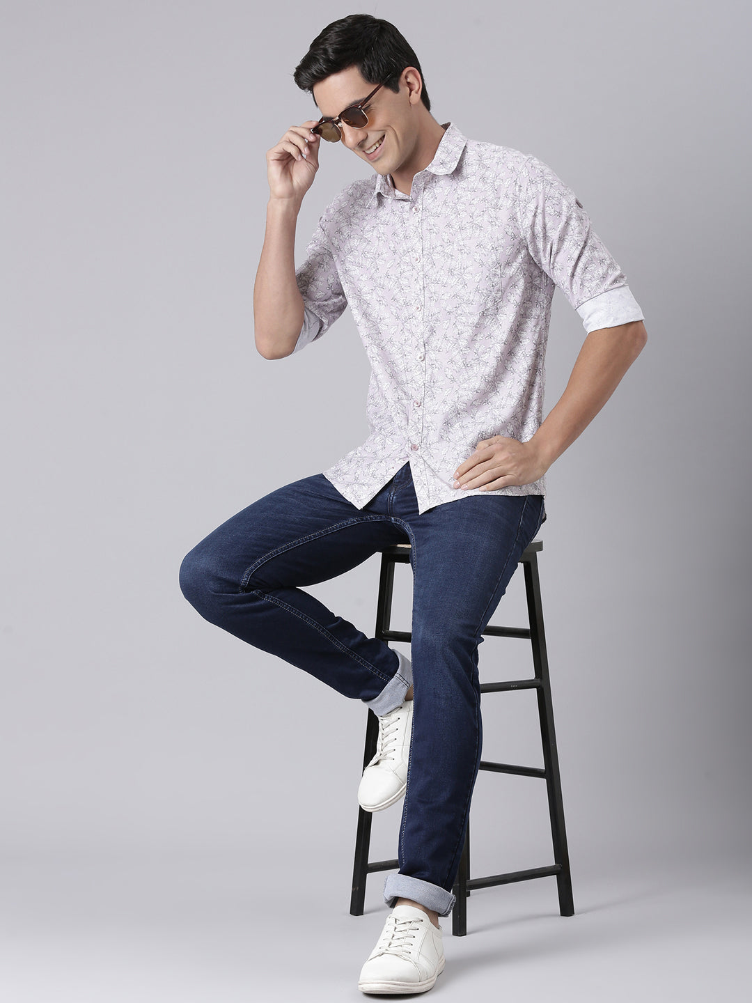 Classic Polo Men's Full Sleeve Light Peach/White Polo Neck Slim Fit All-Over Print Cotton Casual Shirt | SQ2-CL-58 A-FS-PRT-SF