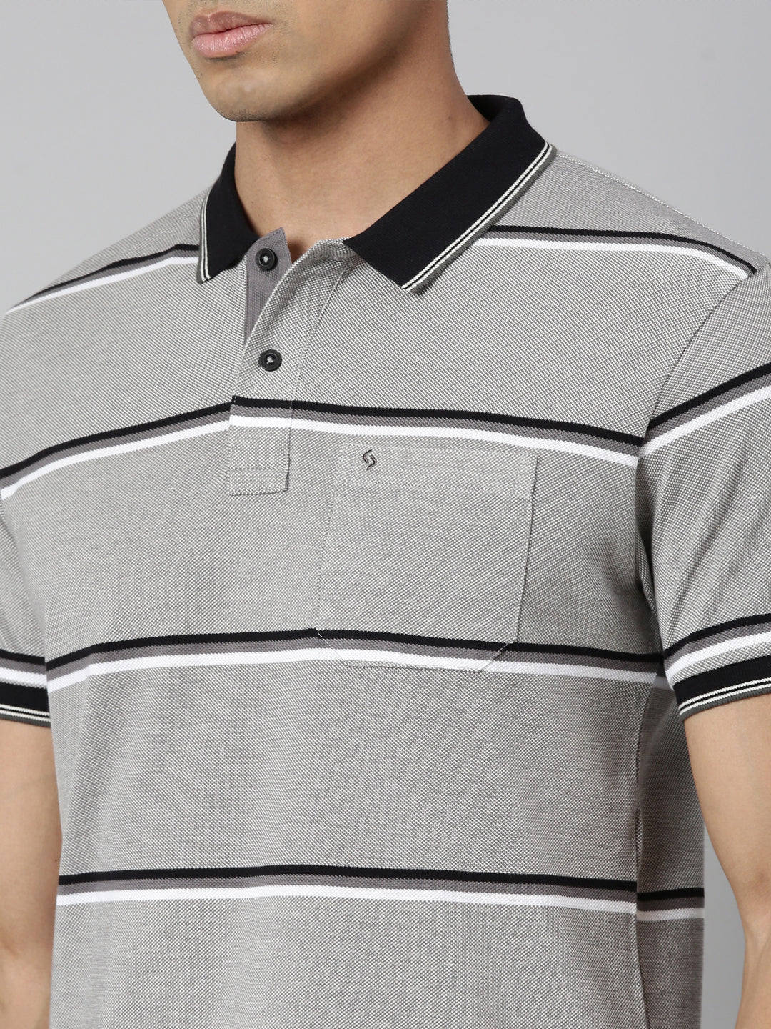Classic Polo Men's Polo Neck Cotton Grey Slim Fit Striped T-Shirt | ADORE-221 A SF P