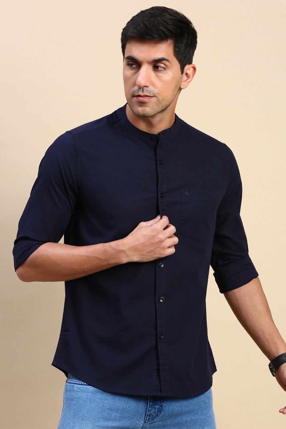 Classic Polo Men's Full Sleeve Navy Mandarin Neck Slim Fit Solid Woven Shirt | SQ1-EL-43 B-FS-SLD-SF