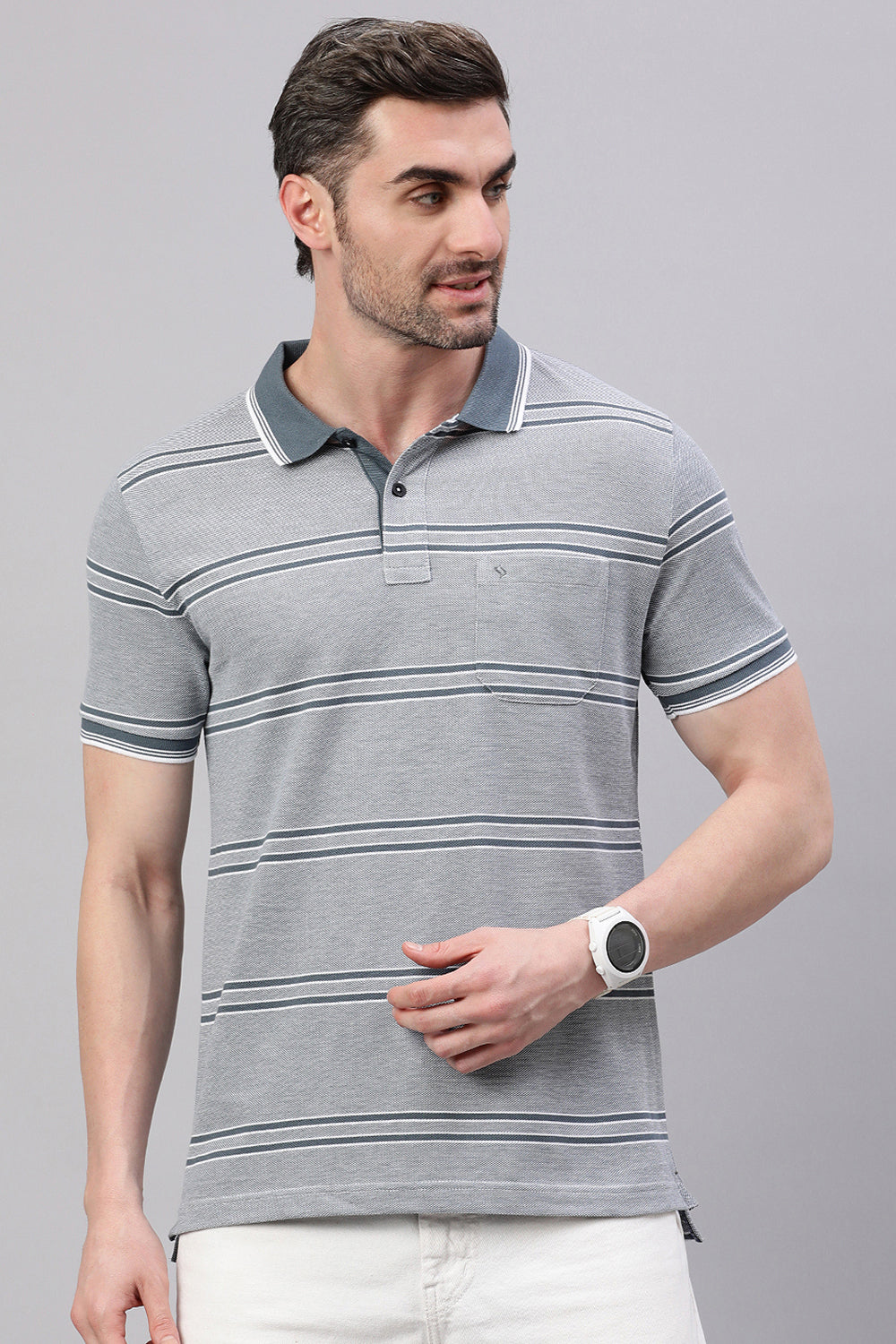 Classic Polo Men's Half Sleeve Grey Polo Neck Slim Fit Striped T-Shirt