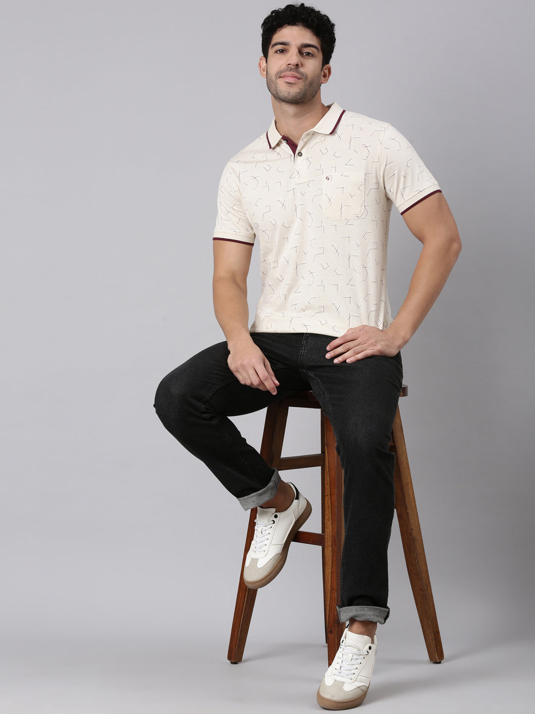 Classic Polo Men's Half Sleeve Light Beige Polo Neck Slim Fit All-Over Print Cotton T-Shirt | BELLO - 383 A SF P