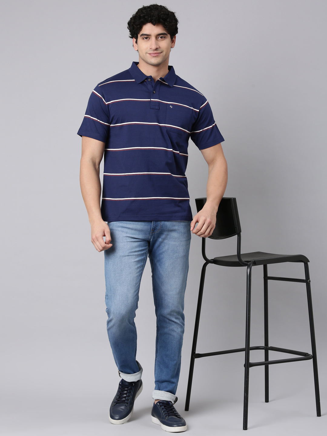 Classic Polo Men's Half Sleeve Navy Blue Polo Neck Authentic Fit Striped Cotton Blend T-Shirt | AVON - 669 A AF P