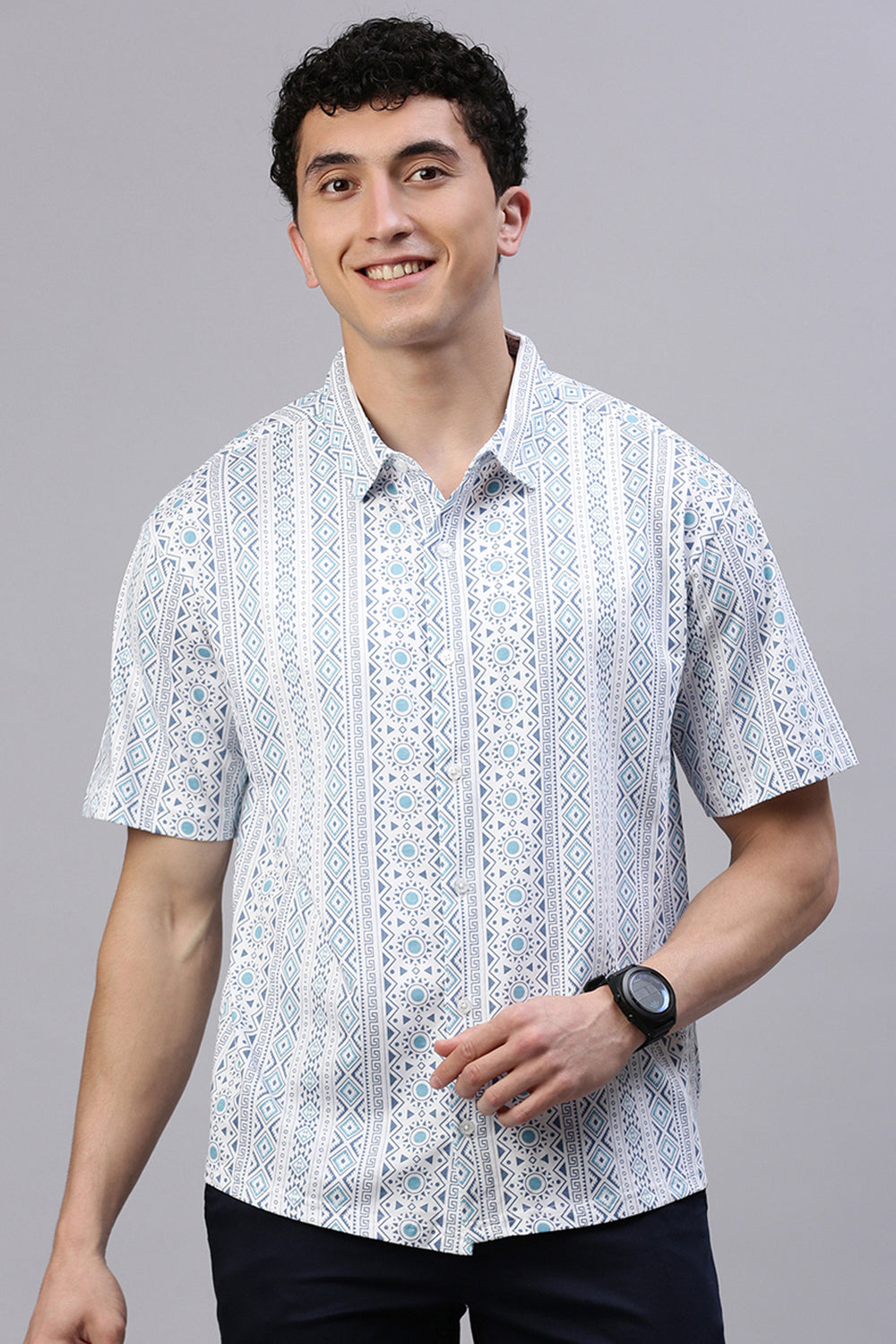 Classic Polo Men's Half Sleeve White/Blue Polo Neck Slim Fit All-Over Print Drop Shoulder Shirt