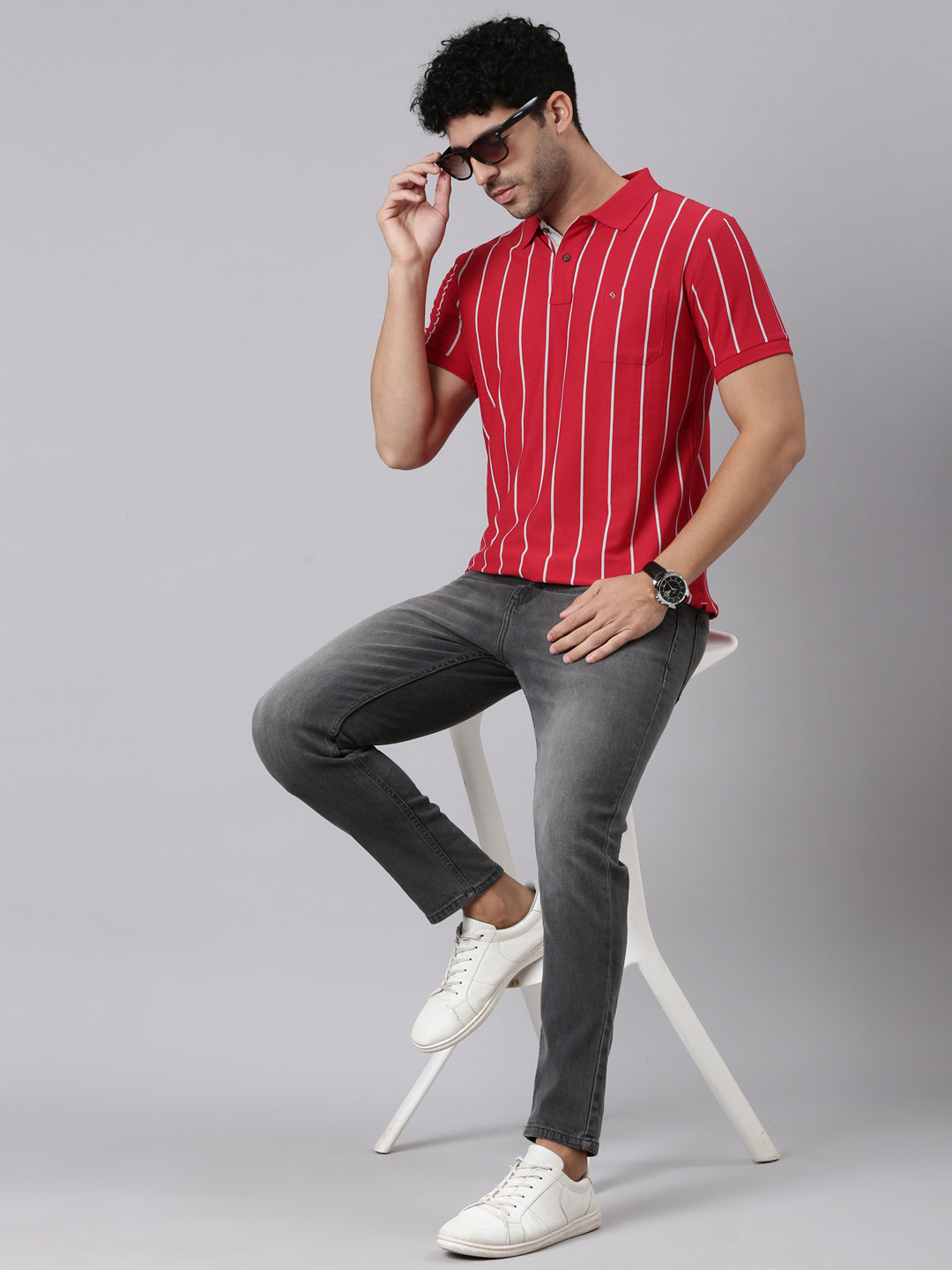 Classic Polo Men's Half Sleeve Red/White Polo Neck Slim Fit Striped Cotton Blend T-Shirt | VERTICS - 123 B SF P
