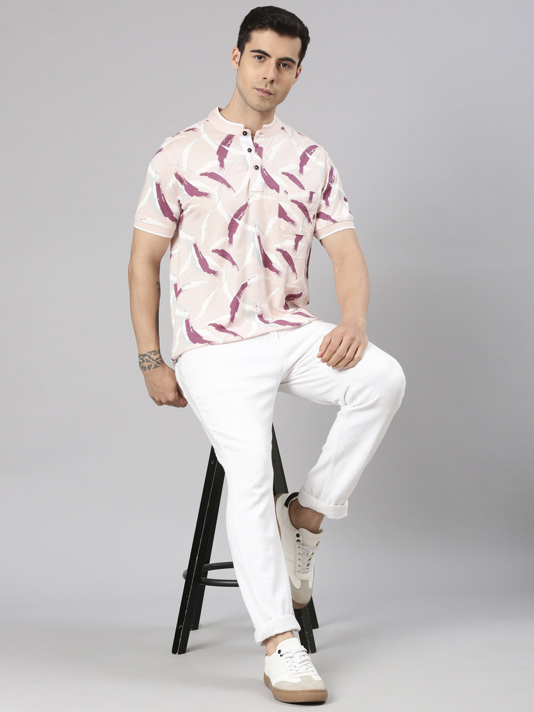 Classic Polo Men's Half Sleeve Multicolor Mandarin Collar Slim Fit All-Over Print Cotton T-Shirt | BELLO - 361 A SF P