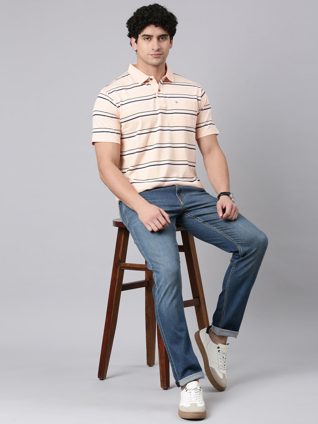 Classic Polo Men's Half Sleeve Peach/Navy Blue Polo Neck Authentic Fit Striped Cotton Blend T-Shirt | AVON - 644 A AF P