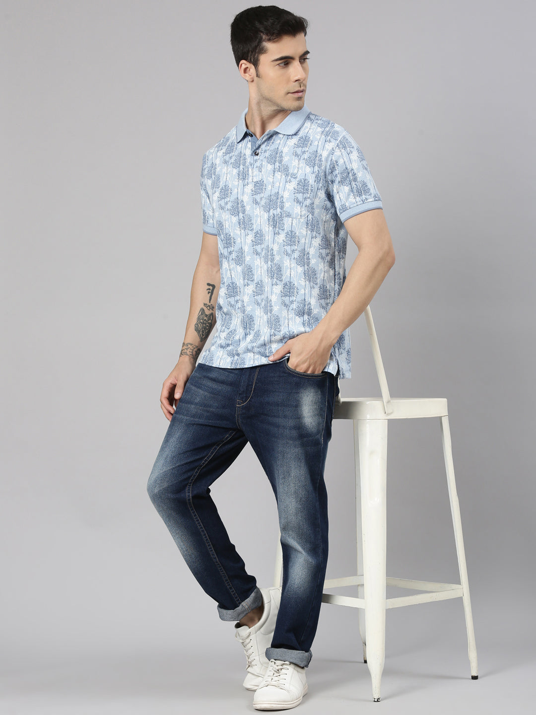 Classic Polo Men's Half Sleeve Blue/White Polo Neck Slim Fit All-Over Print Cotton T-Shirt | BELLO - 354 B SF P