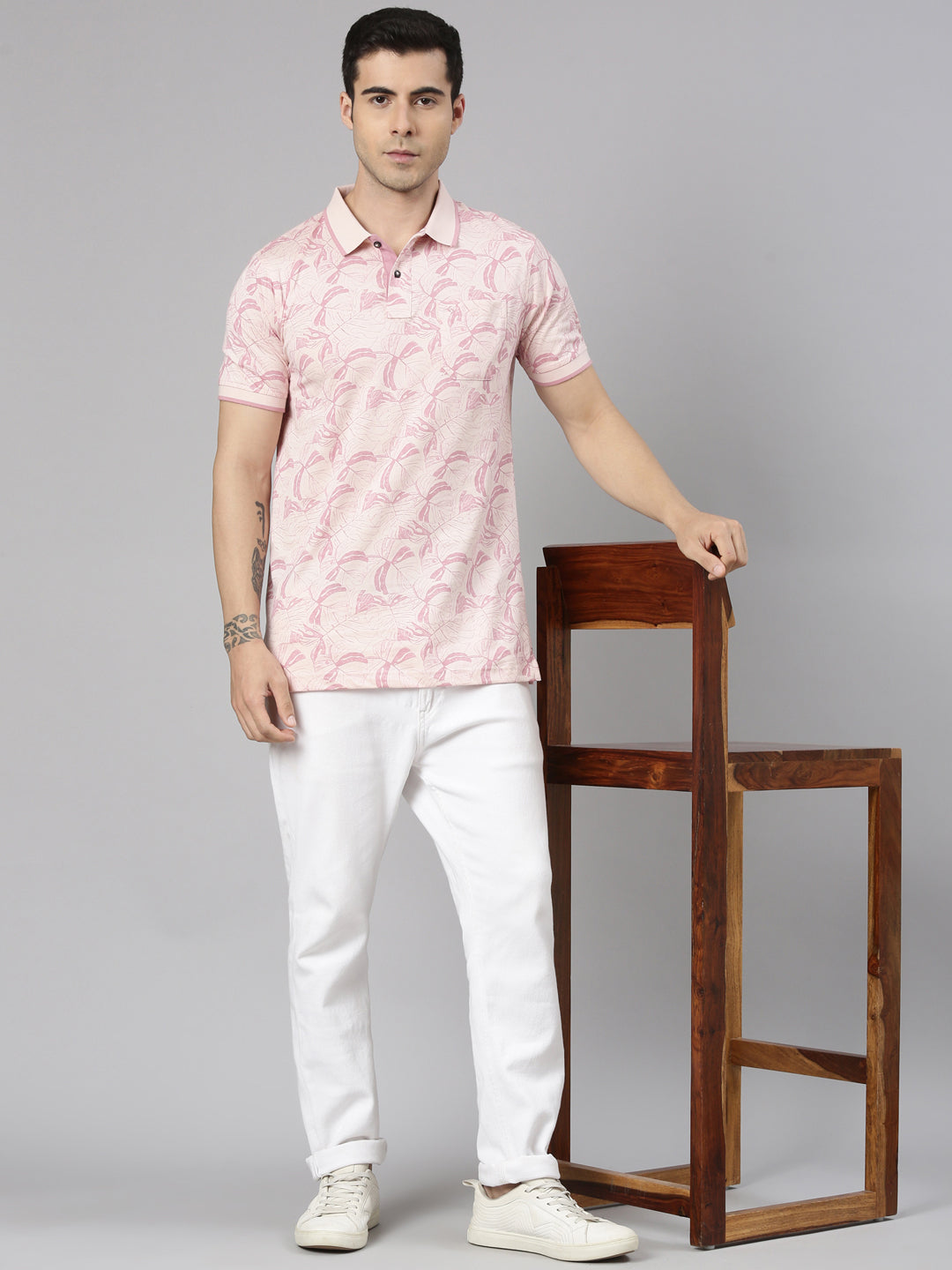 Classic Polo Men's Half Sleeve Peach Polo Neck Slim Fit All-Over Print Cotton T-Shirt | BELLO - 356 A SF P