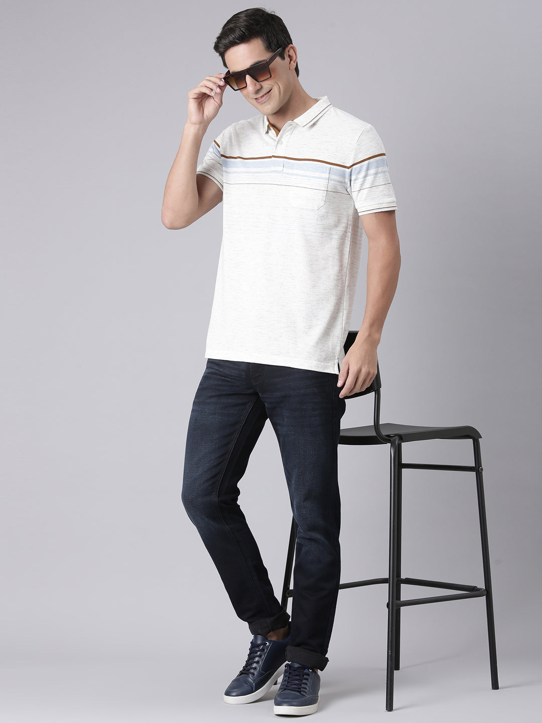 Classic Polo Men's Half Sleeve Off-White Polo Neck Slim Fit Striped Cotton Blend T-Shirt | VTA - 311 A SF P