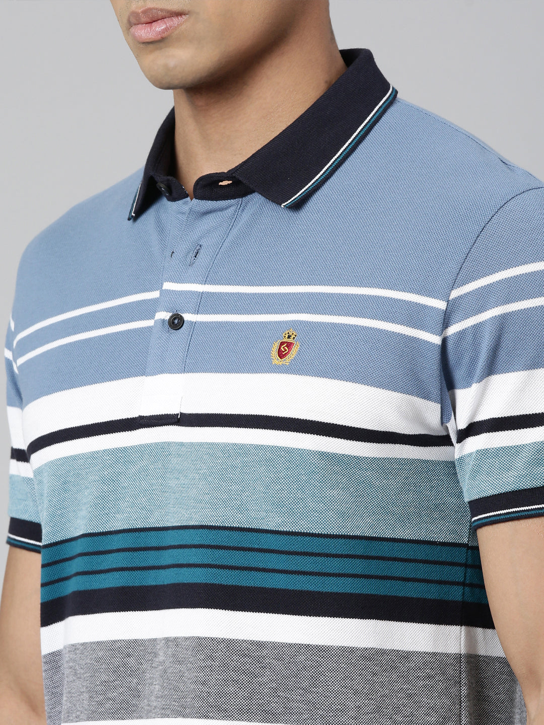 Classic Polo Men's Polo Neck Cotton White/Navy Slim Fit Striped T-Shirt | VTA-278 A SF P