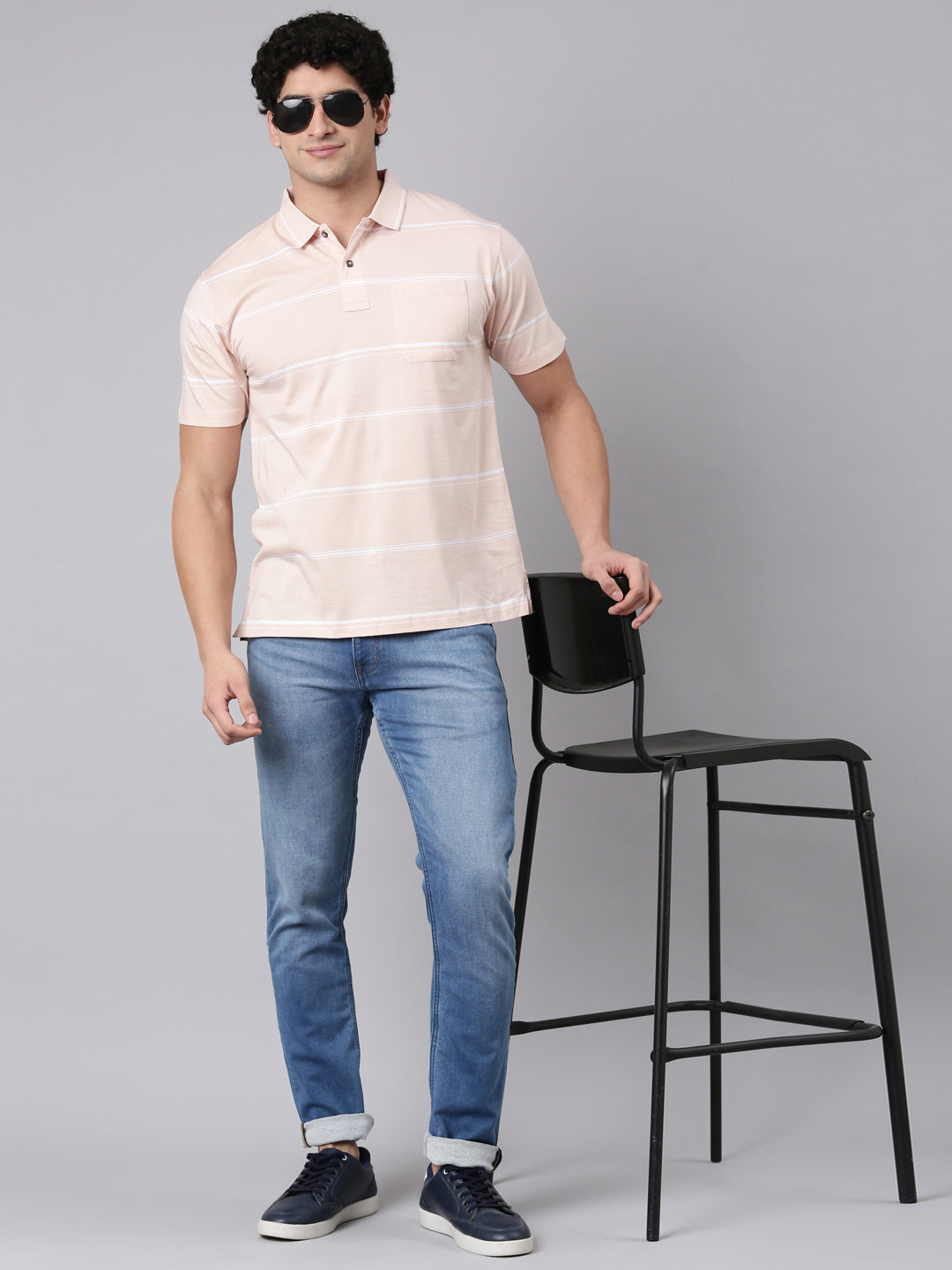 Classic Polo Men's Half Sleeve Light Peach Polo Neck Authentic Fit Striped Cotton T-Shirt | AP - 156 B AF P