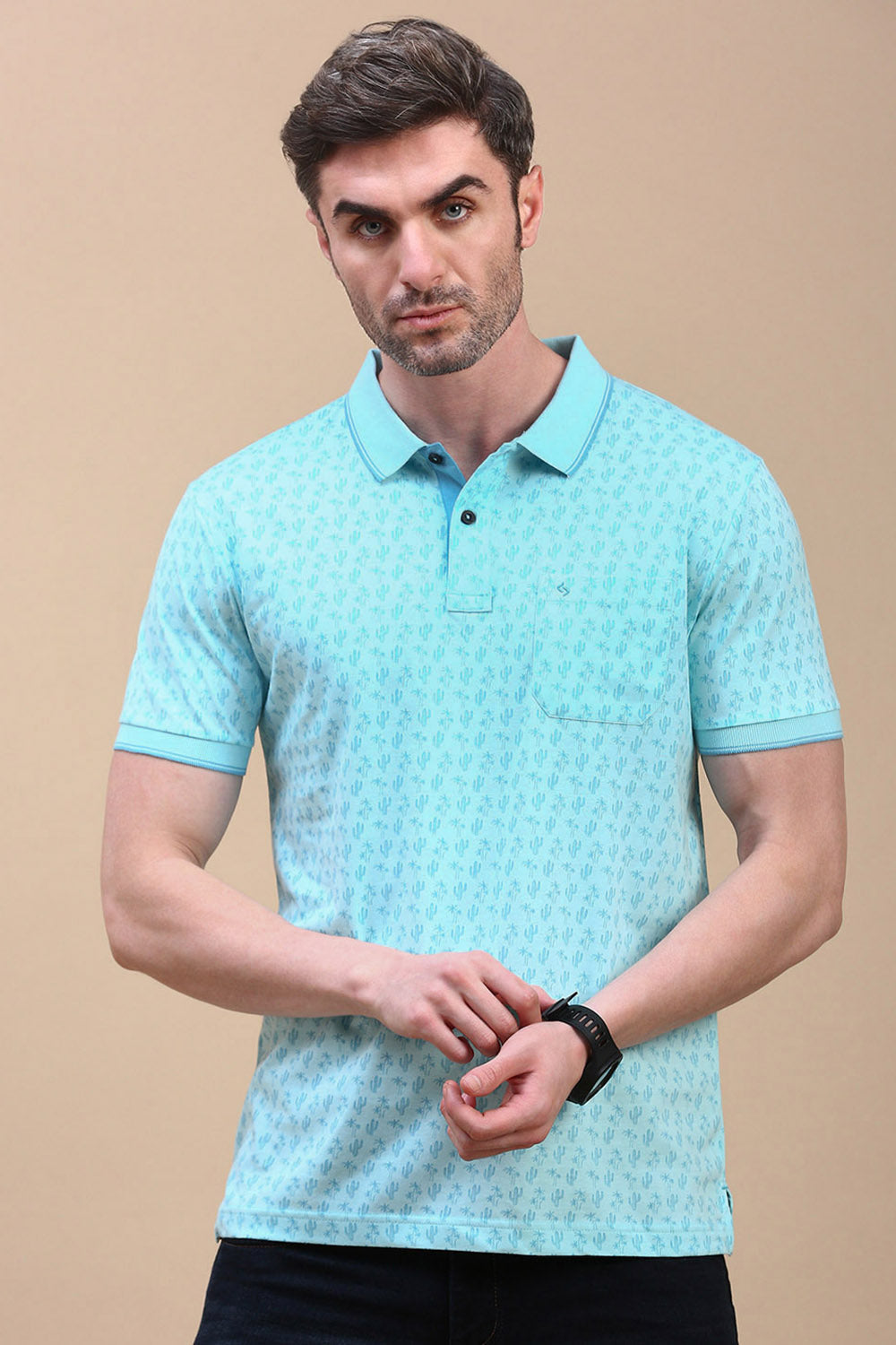 Classic Polo Men's Half Sleeve Teal Blue Polo Neck Slim Fit All Over Print T-Shirt | BELLO - 315 B SF P
