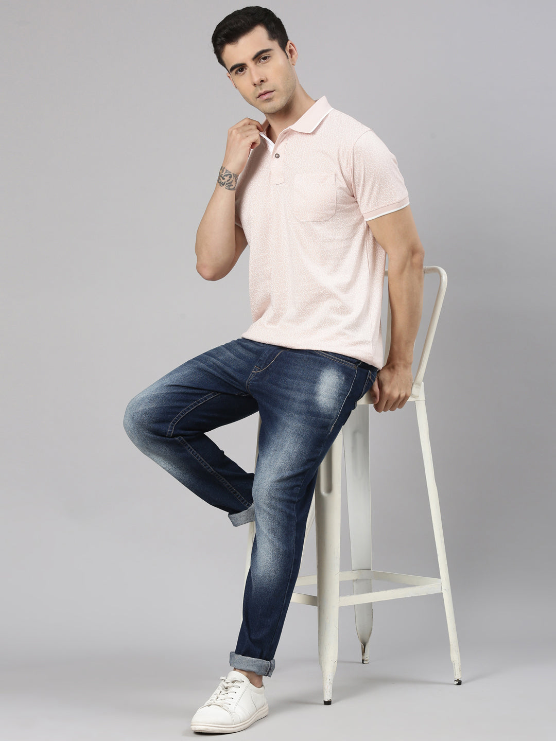 Classic Polo Men's Half Sleeve Peach/White Polo Neck Slim Fit All-Over Print Cotton T-Shirt | BELLO - 349 A SF P